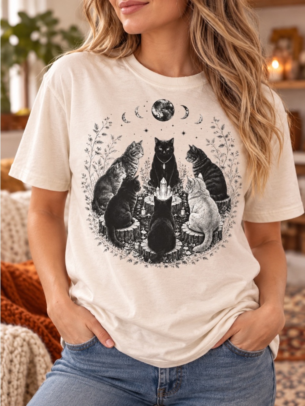 Cat Coven Halloween Shirt Witchy Moon Phase Graphic Tee